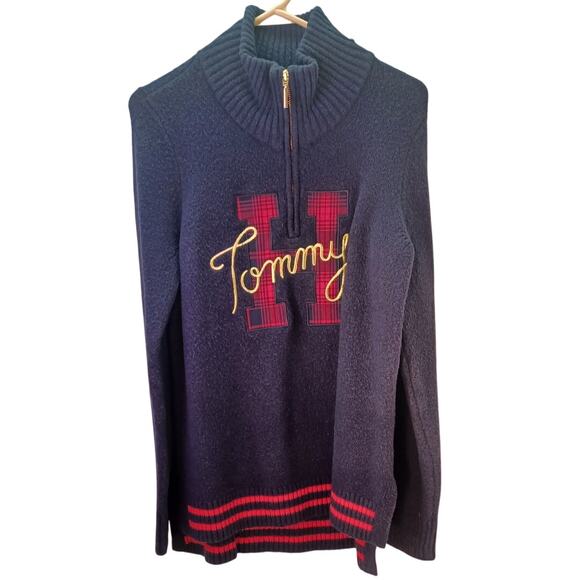 Y2K Tommy Hilfiger Navy Blue Half-Zip Pullover Sweater Medium Preppy Sporty - Picture 3 of 8